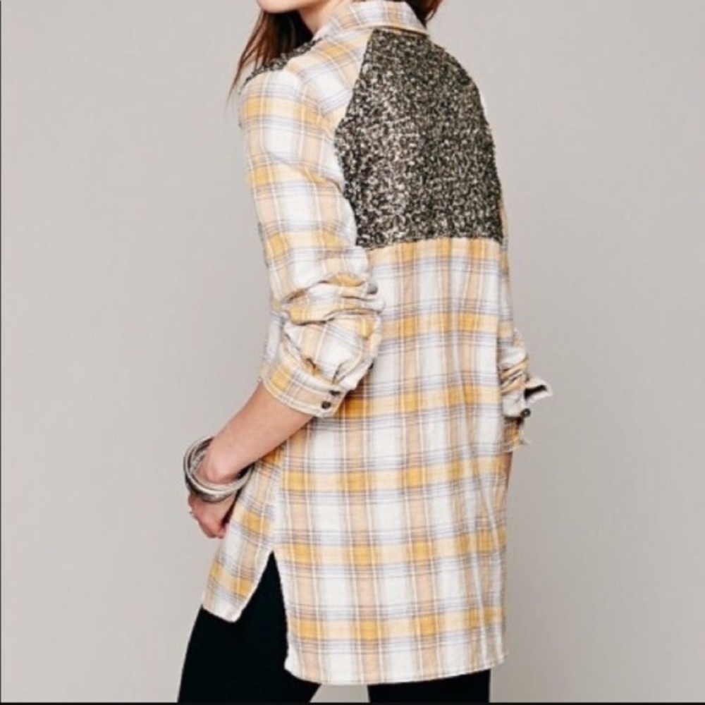 Free People Yellow Plaid Sequin Button Up Shirt